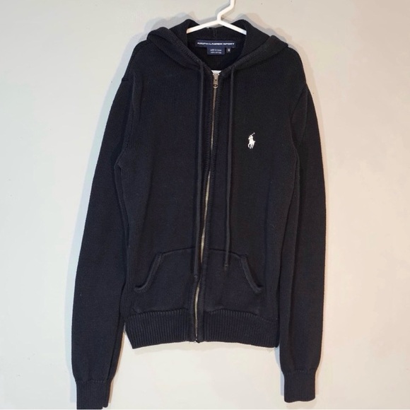 Polo Ralph Lauren Black Knit Zip Hoodie Pony Logo Cotton Sweater - Picture 2 of 7